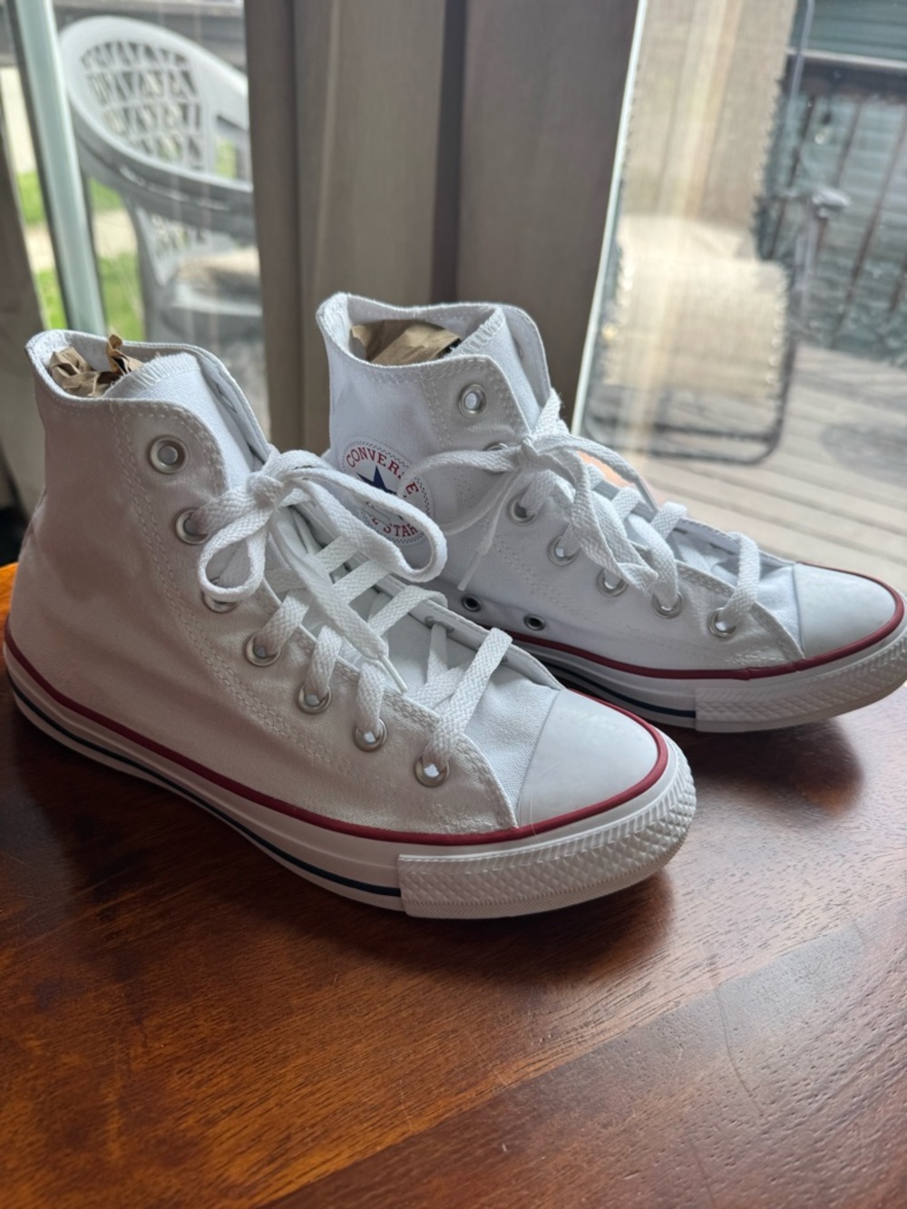 Converse White High-Top Sneakers with Red and Black Trim